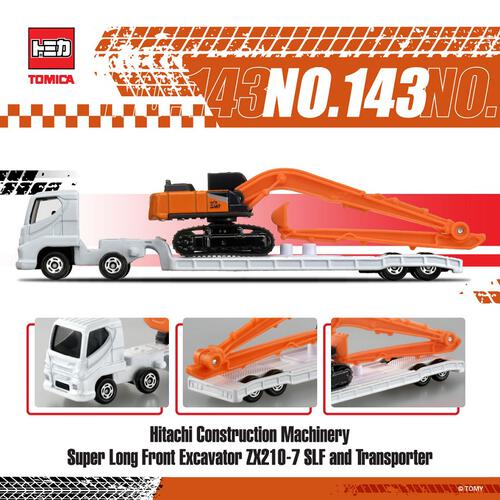 Takara Tomy Tomica Hitachi Construction Machinery Super Long Front Excavator ZX210-7 SLF and Transporter
